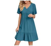 Vestido de verano para mujer, largo hasta la rodilla, vestido de playa, de verano, manga corta, vestido bohemio, cuello en V, minivestido con volantes, dobladillo oscilante, vestido plisado, vestido