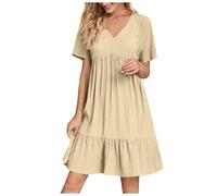 Vestido de verano para mujer, largo hasta la rodilla, vestido de playa, de verano, manga corta, vestido bohemio, cuello en V, minivestido con volantes, dobladillo oscilante, vestido plisado, vestido