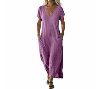 Vestido de verano para mujer, largo líquido, vestido recto de algodón, lino, manga corta, vestido de cuello en V, casual con bolsillo, falda casual transpirable vestidos de color sólido vestido ancho