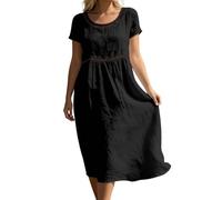 Vestido de verano para mujer, ligero y aireado, vestido de playa, monocolor, cuello redondo, manga corta, vestido de verano, vestido informal, holgado, túnica, vestido camisero, Negro , XL