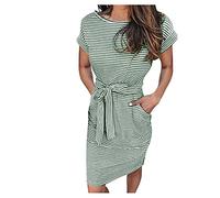 Vestido de verano para mujer, manga a rayas, casual, con bolsillos, lazo en la cintura, vestido corto para mujer, vestido largo para mujer, Reino Unido, verde, M