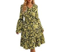 Vestido de verano para mujer, manga larga, ligero, cuello en V, línea A, vestido de invitado de boda, vestido de flores, vestido de playa, vestido midi para primavera y verano, verde, S