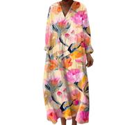 Vestido de verano para mujer medio largo fluido algodón camisa vestidos manga larga suelta casual una línea impresa flores vestidos cuello en v redondo bohemio vestido de noche para mujer vestido