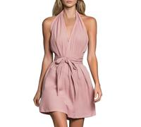 Vestido de Verano para Mujer: Minivestido Estilo línea A, con Cuello Halter en V, Lazada en la Cintura y Espalda Descubierta; Ideal para Vacaciones o un Look Casual. (Pink,3XL)