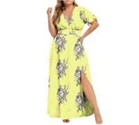 Vestido de verano para mujer - Robe D Été Femme Longue vestido de manga corta cuello en V vestidos con estampado floral línea A vestidos Fendue Fluid Dress para el ocio para las vacaciones, amarillo