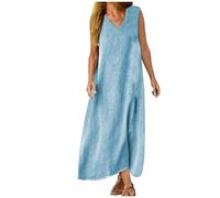 Vestido de verano para mujer, sin mangas, con cuello en V, casual, color sólido, vestido largo bohemio hasta el tobillo, elegante vestido recto para playa, vestido de vacaciones para mujer, Azul 1, M