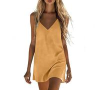 Vestido de verano para mujer, sin mangas, cuello en V, casual, vestido midi de lino y algodón, holgado, para playa, vacaciones, fiesta, vestido de verano fluido, color sólido, B Amarillo, S