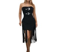 Vestido de verano para mujer, sin mangas, sin tirantes, espalda descubierta, con flecos, minivestido para uso diario, primavera, verano, otoño, Negro , L