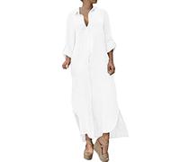 Vestido de verano para mujer, vestido de lino, largo hasta la rodilla, vestido de manga larga, cuello en V, corte ajustado, vestido sexy, mezcla de lino, vestido largo, vestido elegante y festivo,