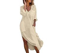 Vestido de verano para mujer, vestido de verano de lino, suelto, camisero, elegante, monocolor, informal, transpirable, vestido de playa, ligero, caqui, XXL