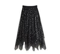 Vestido de verano para niña, faldas de tul con lentejuelas y estrellas para niñas, falda larga de lentejuelas, tutú, falda baja alta, falda acampanada brillante con cintura elástica, Negro , 6-7 años