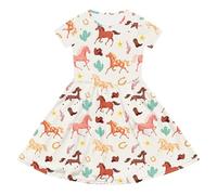 Vestido de verano para niña, línea A, con estampado de caballos coloridos, de manga corta, de jersey elástico, para alegres fiestas escolares y aventuras sin preocupaciones en el patio de recreo