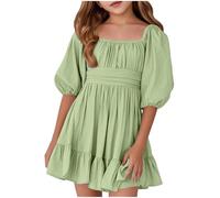 Vestido de verano para niña, vestido de verano para niña, informal, estampado floral, cuello cuadrado, volantes, faja, faja, cinturón de corbata de manga corta, fiesta, parque infantil, atuendo