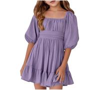 Vestido de verano para niña, vestido de verano para niña, informal, estampado floral, cuello cuadrado, volantes, faja, faja, cinturón de corbata de manga corta, fiesta, parque infantil, atuendo