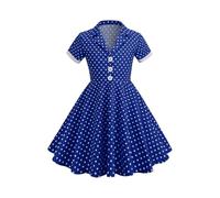 Vestido de verano para niña, vestido vintage con estampado de lunares y mangas cortas, de mezcla de algodón, tira de botones, línea A, cuello de camisa, estilo retro, 01-azul, 140