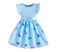 Vestido de verano para niñas, con textura acanalada, manga de mosca, estampado de mariposas, vestido casual para niñas, silueta acampanada, ropa de fiesta para niños pequeños, traje de fiesta para