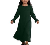 Vestido De Verano Para Niños 2026 Elegante Vestido De Niña Con Ribete De Encaje Floral En El Dobladillo Y Cuello Redondo, Color Sólido Para Algodón Ropa Blanca Suelta, Verde oscuro., 11-12 años