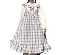 Vestido de verano Vestido japonés dulce Kawaii Lolita for mujer, vestidos bonitos a cuadros con volantes de estilo pijo (Color : As show, Size : XXL)