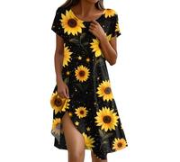 Vestido De Verano, Vestidos Playeros Mujer Vestido De Gala Mujer Elegante Vestidos Elegante Manga Corta con Cuello Redondo Y Estampado Floral para Camisero Verano Fluido Corte A Bohemio Playa con