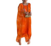 Vestido Elegante con Estampado de Gasa para Mujer, Cuello Redondo, Vestido Fluido de Manga Larga, Falda con Estampado de mármol para cóctel (M,Orange)
