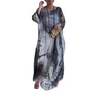 Vestido Elegante con Estampado de Gasa para Mujer, Cuello Redondo, Vestido Fluido de Manga Larga, Falda con Estampado de mármol para cóctel (M,Gray)
