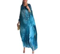 Vestido Elegante con Estampado de Gasa para Mujer, Cuello Redondo, Vestido Fluido de Manga Larga, Falda con Estampado de mármol para cóctel (2XL,Blue)