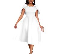 Vestido Elegante De Fiesta con Corte En A Y Vuelo Amplio para Mujer, Mangas Tipo Capa, Cuello Redondo, Color Liso, Midi, para Invitadas De Boda(White,M)
