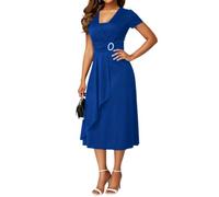 Vestido Elegante de Iglesia para Mujer, Corte Ajustado y Falda Acampanada, Vestido de invitada Boda Verano con drapeado, Color Azul, Talla XX-Large