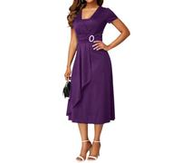 Vestido Elegante de Iglesia para Mujer, Corte Ajustado y Falda Acampanada, Vestido de invitada Boda Verano con drapeado, Morado, Talla pequeña