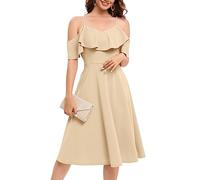 Vestido Elegante Delantal de Verano con Hombros Descubiertos para Mujer con Volantes Midilang Fiesta Festiva Vestido de cóctel Vestido de Playa Casual Champagne XS