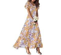 Vestido Elegante Mujer, Vestido Graduación Adolescente Vestidos Boda Invitada Largo Vestidos Largo Elegante De Manga Corta con Cuello En V Y Estampado Floral para Mujer Estilo Bohemio De Verano Ideal