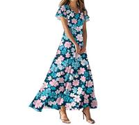 Vestido Elegante Mujer, Vestidos Largos Mujer Verano Vestidos Boda Invitada Largo Vestido Largo Elegante De Manga Corta Con Cuello En V Y Estampado Floral Para Estilo Playero Fluido Con Vuelo Corte En