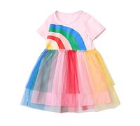 Vestido Elegante NiñA-Vestido De Tul De Verano con Estampado De ArcoíRis De Manga Corta para NiñOs, Princesas, BebéS Y NiñAs, Vestido Veraniego De AlgodóN Rosa para 2 A 7 AñOs