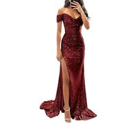 Vestido Elegante para Mujer, con Hombros Descubiertos, Corte Sirena, Largo, con Lentejuelas, Formal, para Noche, Regreso a casa, Color Vino Tinto, Talla pequeña