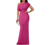 Vestido Elegante sin Mangas de un Solo Hombro para Mujer, Estilo Sirena clásico, Ajustado, con Fruncido Lateral en la Cintura, Largo, Formal, de Noche, Color Rojo Rosa, Talla pequeña.