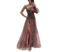 Vestido elegante y plisado para cóctel, playa y invitada de boda, largo con hombro descubierto y abertura en capas, nudo floral