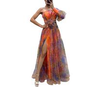 Vestido elegante y plisado para cóctel, playa y invitada de boda, largo con hombro descubierto y abertura en capas, nudo floral