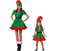 Vestido Elfo Niña, Disfraz de Elfo para Niño y Mujer - Conjunto Navideño con Gorro, Medias y Vestido - Carnaval y Navidad, San Patricio,Obras de Teatro Escolares,Disfraz Familiares Navidad Niñas01