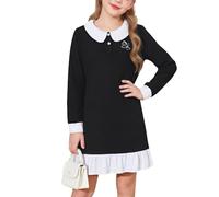 Vestido escolar de manga larga para niña, cuello Peter Pan, estilo clásico, acampanado, gofre, vacaciones, verano, versátil, 6-11 años