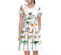 Vestido Estilo Camiseta Informal con Estampado de Dinosaurios y alfabetos de Aprendizaje para Mujer, Vestido de Verano de Manga Corta con Bolsillos.