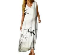 Vestido Estilo Chino Maxi Vestidos V-Cuello Sin Mangas Vestido De Tirantes Estampado Plantas Vestido De Línea A Vestido De Verano Vestido De Verano Vestido Midi Vestido De Playa Vestidos Casual Suelto