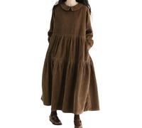 Vestido Estilo Dolly de Pana Vintage de Manga Larga para Mujer otoño/Invierno Vestido Maxi de niña con Capas Corte A y Bolsillos para el Colegio (Marrón,XL)