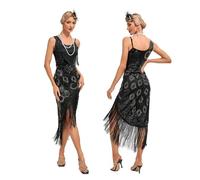Vestido Estilo Flapper Vintage con Flecos, Lentejuelas y borlas de Cuentas, Sexy, un Solo Hombro for Mujer For CóCtel, Fiesta De GraduacióN Y Baile(Black,S)