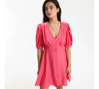 Vestido evasé, corto, manga corta. Talla S. Color Rosa Fucsia