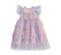 Vestido festivo Niña Mangas Arco Iris Estrella Lentejuelas Estampados Tul Princesa Vestido de Fiesta de Baile Vestidos Ropa Fal, Rosa., 6-7 años