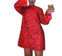 Vestido Fiesta Mujer Lentejuelas Fatos De Carnaval Mulher - Vestido Coctel Mujer Manga Larga Cuello Redondo, Vestidos Fiesta Cortos Moda Anchos Adecuado para Primavera Rojo M