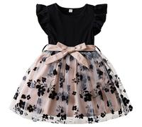 Vestido Fiesta Niña Vestido Infantil Femenino de Encaje con Diseño Floral y Mangas Globo para Niñas (Black, 5-6 Years)