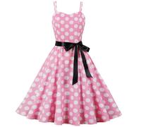 Vestido Fit & Flare de Mujer con Puntos de Lunares y Tirantes Finos con Cinturón Autonudo - Estilo Retro Vintage para Brunch, Fiestas en el Jardín, Cocktails y Salidas de Verano,Blanco Pink,M