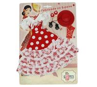 Vestido Flamenca andaluza, Pendientes, Sombrero, peinetas y castañuelas para muñecas Tipo maniquí Americana. Muñeca no incluida. Fabricado en España por Folk Artesanía (Vestido Rojo Lunar Blanco)