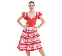 Vestido Flamenca Mujer Disfraz Sevillana Traje Andaluz Cordobés con Volantes para Feria de Abril Sevilla Baile Flamenco Carnaval Halloween (FR/ES, Letras, S, Regular, Regular, Rojo+Blanco)